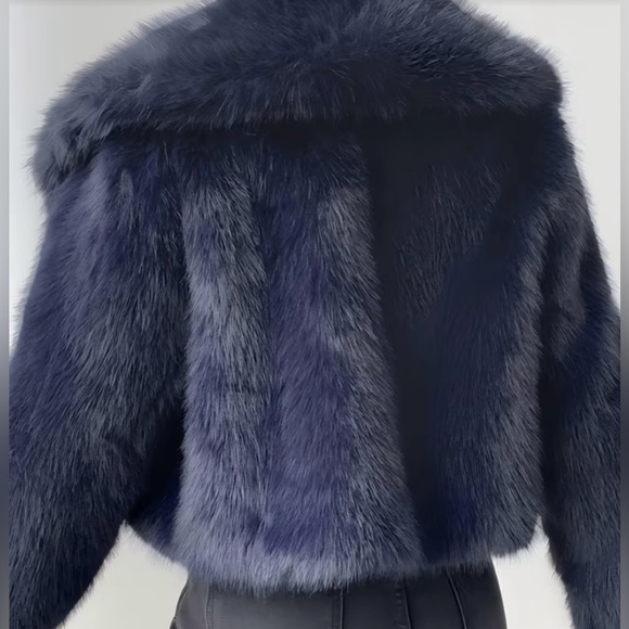 Lux Faux Fur Cropped Jacket - Navy - Picture 5 of 5